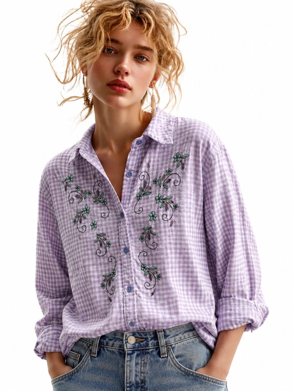 Y2K Embroidered lavender gingham shirt, pure cotton